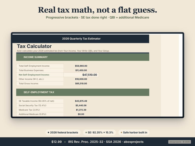Pode incluir: Um visor digital mostra uma interface de calculadora de impostos. A tela exibe texto, incluindo "Real tax math, not a flat guess." e "Tax Calculator." Os campos de dados mostram os c&aacute;lculos de renda e impostos. A parte inferior da tela inclui o texto "2026 federal brackets" e "Safe harbor built in."