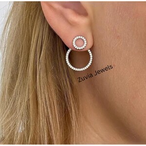 Halo Stud Two Piece Earrings round cut Diamond CZ gemstone Dual Hoop Dangling Earrings Halo Classic Earrings Bridesmaid Gift Valentine's Day