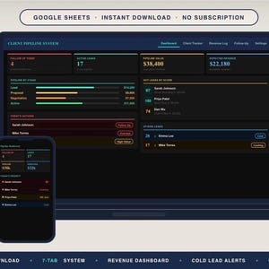 May include: A digital dashboard interface displayed on a laptop, tablet, and smartphone. The interface shows data visualizations, including charts and tables, with the text "Client Pipeline System". The interface includes the text "Google Sheets" and "Instant Download".