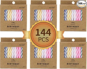 Bulk Birthday Candles 144-Pack - Colorful Spiral Cake Candles - 6 Boxes