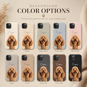 K&ouml;nnte beinhalten: Zehn Smartphone-H&uuml;llen in zwei Reihen, jede mit dem Portr&auml;t eines braunen Pudels und dem Namen Cooper. Die H&uuml;llen sind in den Farben Elfenbein, Beige, Salbeigr&uuml;n, Staubblau, Altrosa, Taupe, Sand, Anthrazit, Schokolade und Schwarz dargestellt.