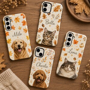 May include: Four phone cases featuring autumn leaf patterns and pet portraits. One case shows a golden retriever named Milo, one a tabby cat named Bella, one a brown poodle named Charlie, and one a fluffy cat named Luna, all with fall foliage.