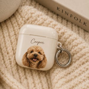 May include: A cream-colored protective case for wireless earbuds featuring a custom graphic of a brown poodle and the name Cooper printed in black script. The case includes a silver-toned metal ring attachment on the side for easy carrying.
