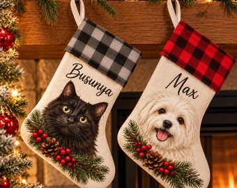 Personalized Pet Christmas Stocking, Custom Dog or Cat Stocking with Photo and Name, Plaid Cuff Holiday Stocking, Pet Lover Gift