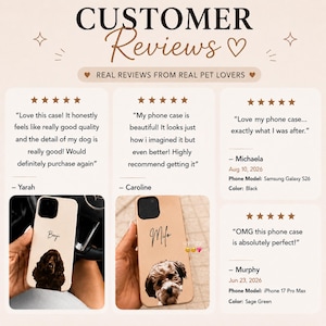 K&ouml;nnte beinhalten: Eine Kundenbewertungsgrafik mit dem Text CUSTOMER Reviews und REAL REVIEWS FROM REAL PET LOVERS. Sie zeigt F&uuml;nf-Sterne-Bewertungen, schriftliche Erfahrungsberichte und zwei Handyh&uuml;llen mit individuellen Hundeportr&auml;ts sowie den Namen Benji und Milo.