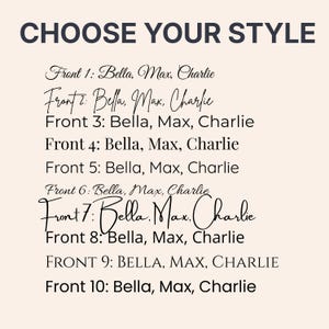 K&ouml;nnte beinhalten: Eine Typografie-Tabelle mit dem Titel CHOOSE YOUR STYLE, die zehn verschiedene Schriftarten von 1 bis 10 zeigt. Jede Zeile pr&auml;sentiert die Namen Bella, Max und Charlie in verschiedenen Schreib-, Serif- und serifenlosen Schriften auf hellem Grund.