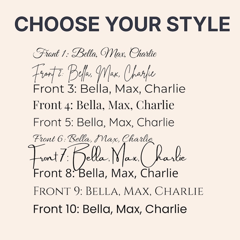 K&ouml;nnte beinhalten: Eine Typografie-Tabelle mit dem Titel CHOOSE YOUR STYLE, die zehn verschiedene Schriftarten von 1 bis 10 zeigt. Jede Zeile pr&auml;sentiert die Namen Bella, Max und Charlie in verschiedenen Schreib-, Serif- und serifenlosen Schriften auf hellem Grund.