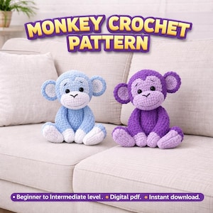 May include: Two crocheted monkey dolls, one light blue and one purple, sit on a beige sofa. The monkeys have large ears, smiling faces, and are in a seated position. The text "MONKEY CROCHET PATTERN" is above them.