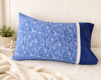 Snow Swirls Pillowcase – Winter Kids Bedding – Christmas Pillowcase – Blue Snowflake Bedding – Handmade Holiday Decor – Twin Pillow Cover