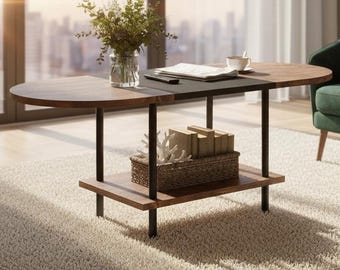 Mesa de centro moderna bicolor con estante de almacenamiento, mesa de centro industrial para sala de estar.