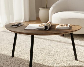 Mesa de centro ovalada de estilo mediados de siglo, hecha a mano, de madera maciza color espresso, mueble auxiliar rústico para la decoración del hogar.