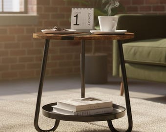 Round 2-Tier Table in Rustic Brown with Metal Tray, Designed in Industrial Style for Living Rooms, Bedrooms, Balconies, and Small Spaces