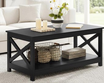 A Black 2-Tier Coffee Table with Storage Shelf and X-Frame Design, Crafted as a Modern Accent Center Table for Stylish Living Rooms