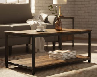 Industrial Wood Coffee Table with 2-Tier Storage Shelf and Metal Frame, Designed as a Rustic Center Table for Stylish Living Rooms