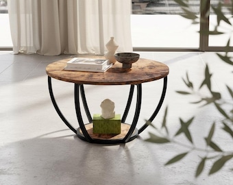 Mesa de centro redonda de madera, mesa auxiliar de almacenamiento de 2 niveles, estilo rústico moderno para oficina en casa
