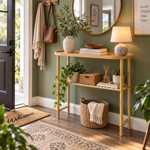 May include: A light-toned wooden console table with two tiers, featuring rounded edges and four cylindrical legs. The table holds a ceramic vase with greenery, a wooden bowl, books, a table lamp, a woven storage box, and a small potted plant.