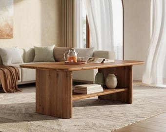 Mesa de centro de madera maciza de abeto, mesa de centro de almacenamiento de 2 niveles de estilo rústico de granja.