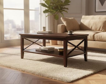 Mesa de centro de madera color espresso con estante de almacenamiento y patas rústicas modernas en forma de X.