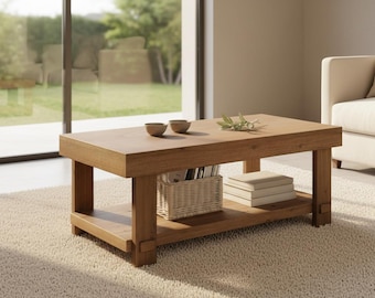 Mesa de centro rústica de madera maciza de abeto con tablero de chapa de fresno y estante de almacenamiento.