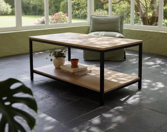 An Industrial Wood Coffee Table with 2-Tier Storage Shelf, Designed as a Rustic Metal Frame Center Table for Living Rooms and Modern Spaces
