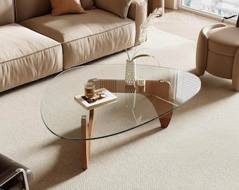 Modern Coffee Table with a Triangle Tempered Glass Top and Natural Wood Base, Designed as a Centerpiece for Living Rooms and Small Spaces