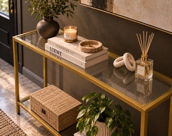 Modern Gold Console Table with Tempered Glass Top and 2-Tier Storage, Slim Entryway or Sofa Table for Living Room, Hallway and Office