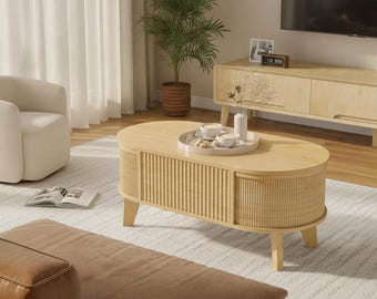 Una moderna mesa de centro ovalada con tapa elevable y diseño estriado, con espacio de almacenamiento oculto, diseñada como una elegante pieza central para salas de estar y oficinas en casa.