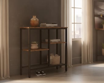 Consola rústica industrial de 4 niveles con estantes de malla metálica, perfecta como mesa auxiliar para recibidores estrechos, sofás, pasillos o como mesa de exposición en espacios reducidos.