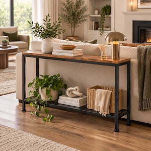 May include: A rectangular console table with a dark wood-grain top and a black metal frame. It features a lower shelf holding a potted green plant, a white decorative knot object on two stacked books, and a woven basket with a beige cloth inside.