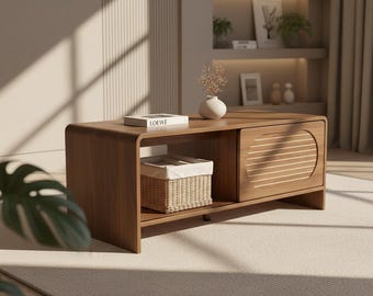Mesa de centro de nogal de mediados de siglo con puerta corredera y espacio de almacenamiento – Muebles modernos para la sala de estar