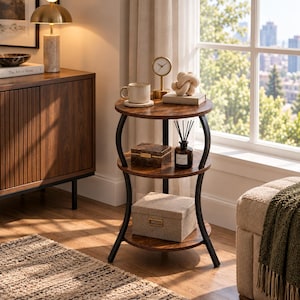 May include: A three-tier round side table with a dark wood grain finish and black metal curved legs. The table features three circular shelves, providing storage space for a ceramic mug, a small clock, a decorative knot, a box, and a diffuser.