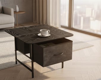 Mesa de centro cuadrada compacta de color negro con cajones de almacenamiento, diseñada como una mesa de estilo rústico de dos niveles para salas de estar, apartamentos y oficinas.