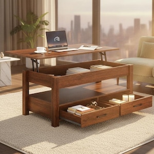 May include: A rectangular wooden coffee table with a lift-top mechanism that elevates the surface to desk height. The table features an open storage compartment beneath the top and two pull-out drawers at the base with dark metal handles.