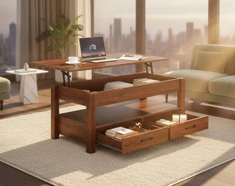 Mesa de centro color espresso con tapa elevable para decoración del hogar, estilo rústico industrial con cajones de almacenamiento ocultos.