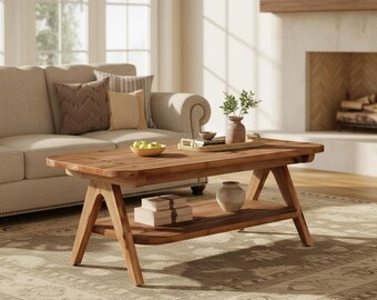 Mesa de centro rústica de madera maciza de cedro, con estante de almacenamiento de dos niveles, pieza central para la sala de estar.