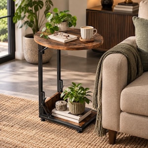 May include: A round side table with a dark brown wood-grain top and a black metal frame. The table features a lower shelf, adjustable height mechanisms on the sides, and small feet. It is positioned next to a beige sofa with a green throw blanket.
