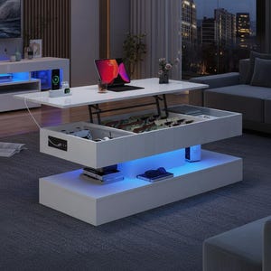 May include: A modern white lift-top coffee table with built-in storage and blue LED lighting. The table has a laptop on top and is in a living room setting. The table is designed for multiple uses.