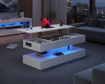 Mesa de centro moderna de alto brillo con tapa elevable, luces LED, almacenamiento y estación de carga.