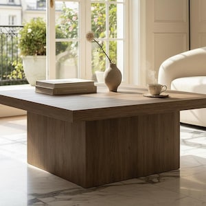 May include: A square, wooden coffee table with a light brown finish. A stack of books, a vase with a single flower, and a teacup sit on top. The table is in a well-lit living room.
