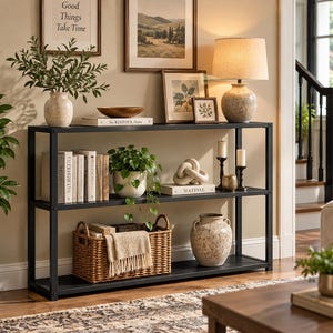 May include: A black metal console table with three rectangular shelves. The top shelf holds a vase with greenery, a wooden bowl, and books. The middle shelf features books, a potted plant, a knot sculpture, and candles. A woven basket sits below.