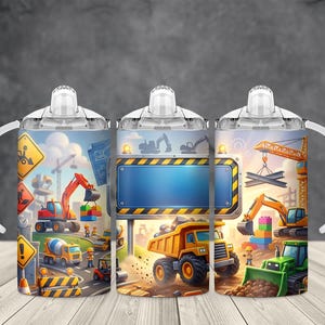 May include: Three sippy cups with white handles and lids. Each cup features a colourful construction-themed design with trucks, excavators, and construction workers. The background includes road signs, blueprints, and a blue sky.