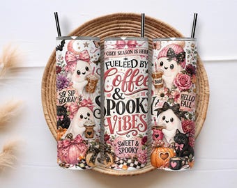 Cute Ghost Coffee 20oz Skinny Tumbler Sublimation PNG Wrap, Pink Halloween Fall Design Digital Download
