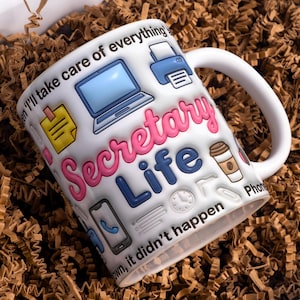 Sekreterareliv Muggomslag PNG 3D Uppblåst Kontorshumor Design 11oz 15oz Sublimering Rolig Arbetsgåva Digital Nedladdning