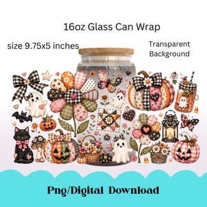 May include: A 16oz glass can wrap digital download featuring a patchwork-style autumn and Halloween design. Elements include ghosts, black cats, pumpkins, flowers, butterflies, and lanterns in plaid and floral patterns. Size 9.75x5 inches.