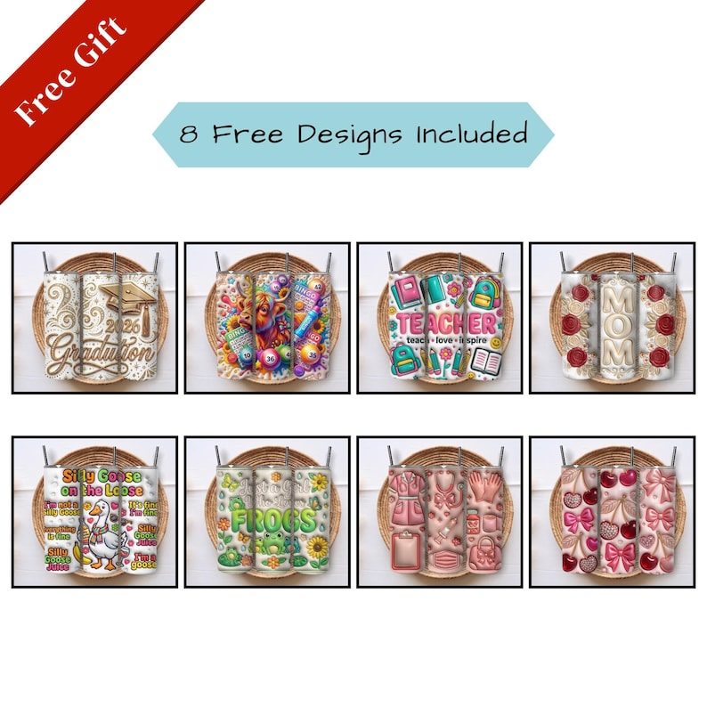 May include: A collection of eight cylindrical tumblers featuring various graphic designs including graduation themes, bingo, teacher motifs, the word MOM with roses, a goose, frogs, medical supplies, and cherries with pink bows.