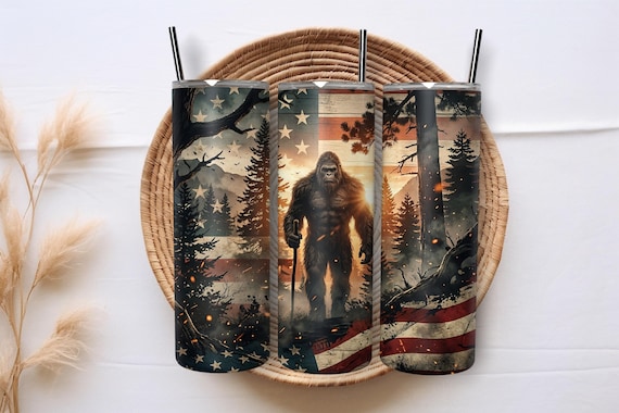 Bigfoot American Flag Tumbler Wrap PNG 20oz Patriotic Sasquatch Forest Grunge Rustic USA Sublimation Design Digital Download