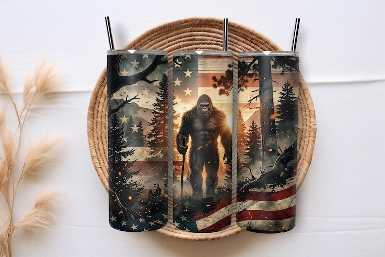 Bigfoot American Flag Tumbler Wrap PNG 20oz Patriotic Sasquatch Forest Grunge Rustic USA Sublimation Design Digital Download