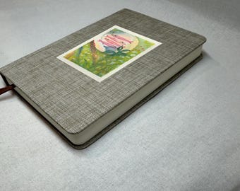 Original Watercolor Pink Sardine Art Journal, Linen Notebook, Half Lined Half Blank, 5x7