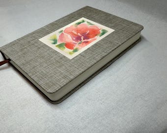 Original Watercolor Coral Flower Art Journal, Linen Notebook, Half Lined Half Blank, 5x7