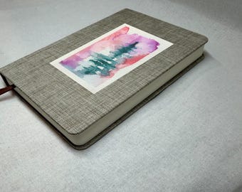 Original Watercolor Tree Art Journal, Linen Notebook, Half Lined Half Blank, 5x7